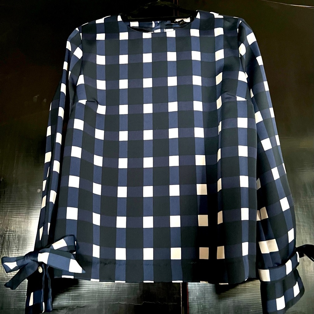 Banana Republic Crew Neck Long-sleeved Blue Checkered Top with Bow Detail